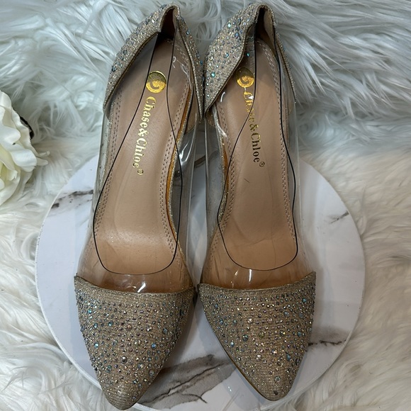 GUC Chase & Chloe Janie Gold Rhinestone See-Through Closed Toe Heels, 10M - Picture 5 of 14